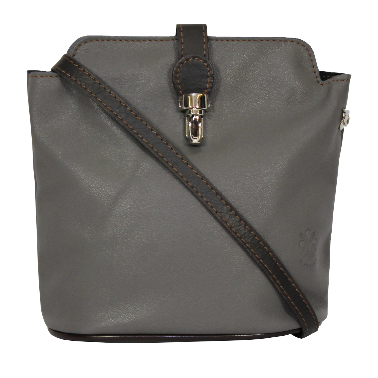 Dark Grey With Chocolate Trim Soft Leather Clip Bag 