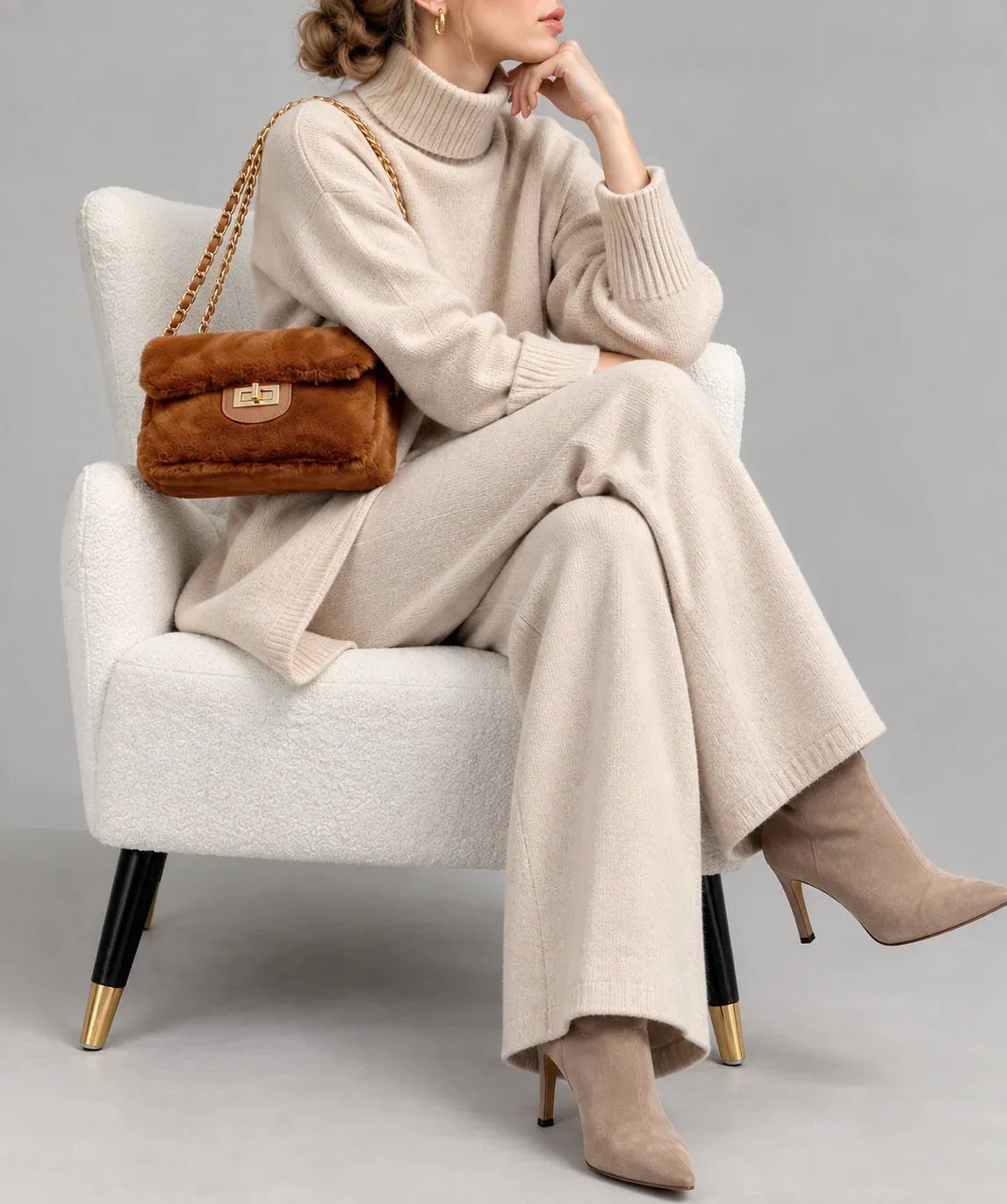 Faux Fur Leather Trim Bag - Tan Faux Fur Leather Trim Bag - Tan