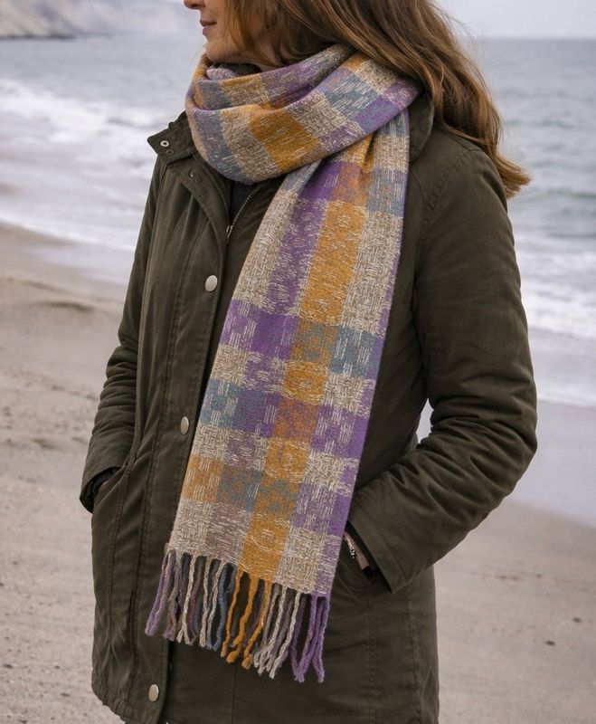 SPECIAL OFFER - Medium Weight Tassel Check Scarf - Orange And Purple Tone