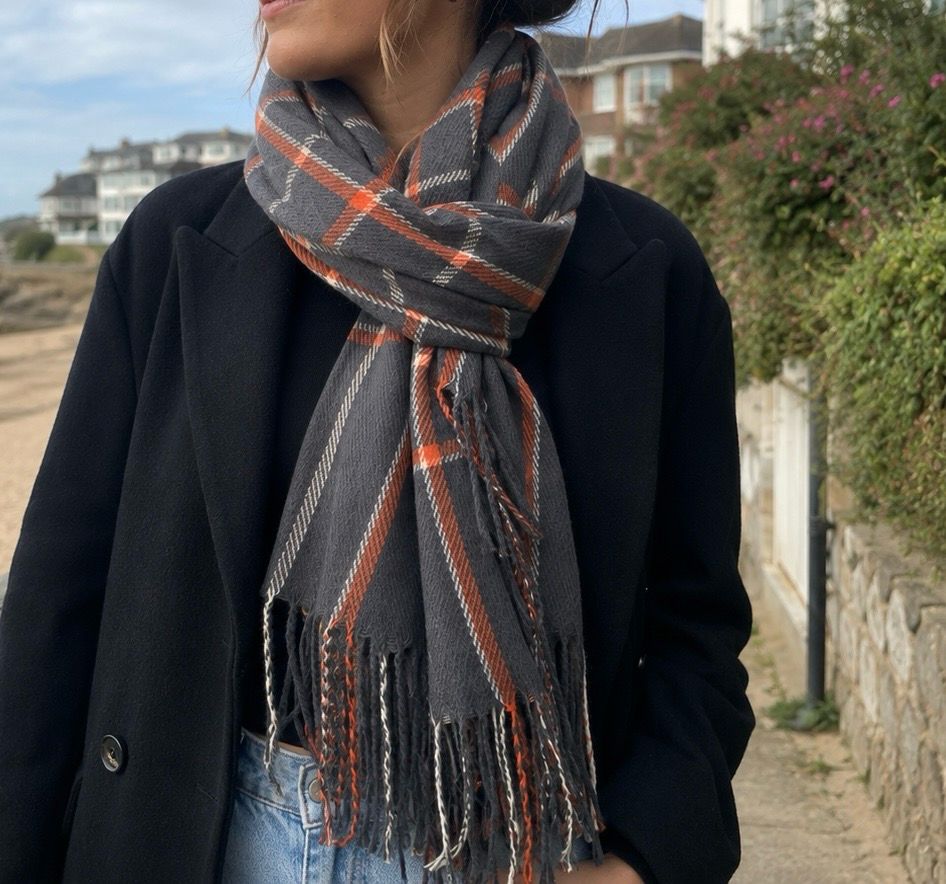 Medium Weight Dark Grey, Orange Check Scarf Medium Weight Dark Grey, Orange Check Scarf