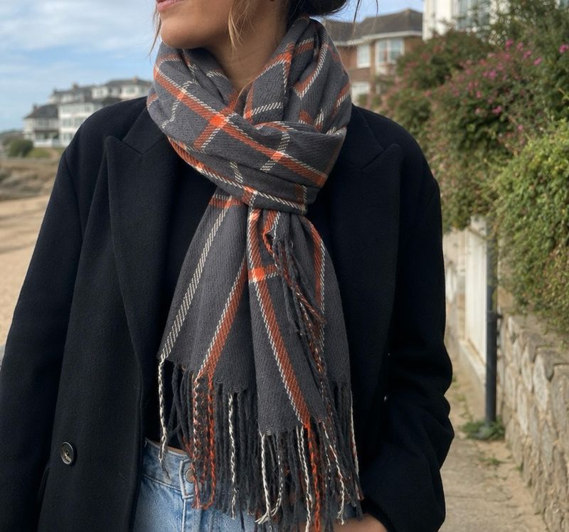 Medium Weight Dark Grey, Orange Check Scarf Medium Weight Dark Grey, Orange Check Scarf