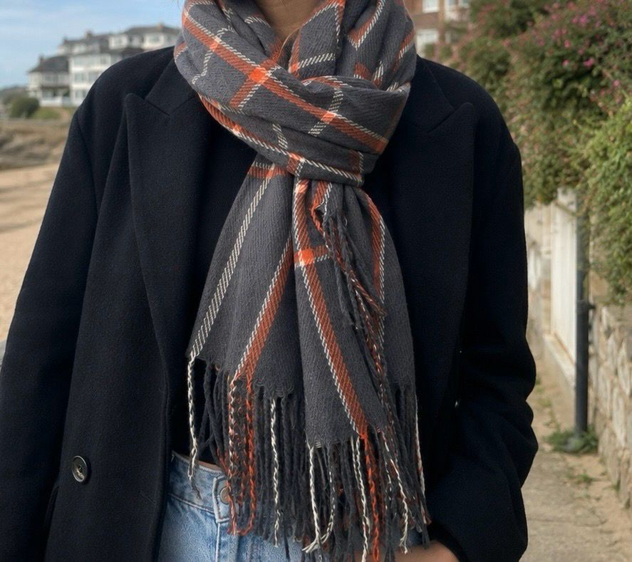 Medium Weight Dark Grey, Orange Check Scarf Medium Weight Dark Grey, Orange Check Scarf