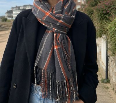 Medium Weight Dark Grey, Orange Check Scarf
