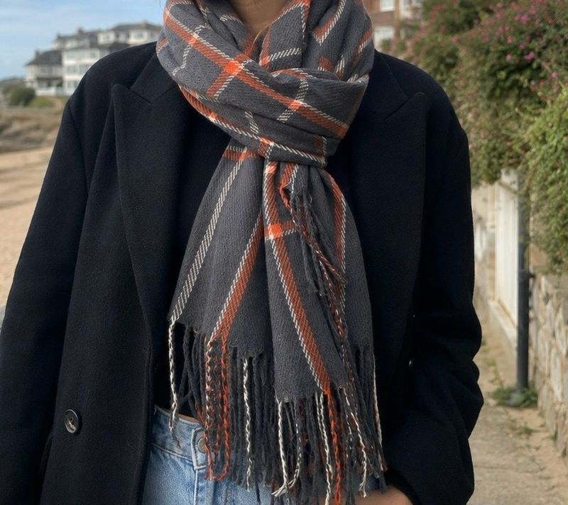 Medium Weight Dark Grey, Orange Check Scarf Medium Weight Dark Grey, Orange Check Scarf