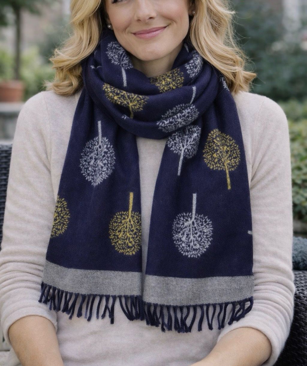 NEW! Reversible Navy And Mustard Tree Of Life Scarf
