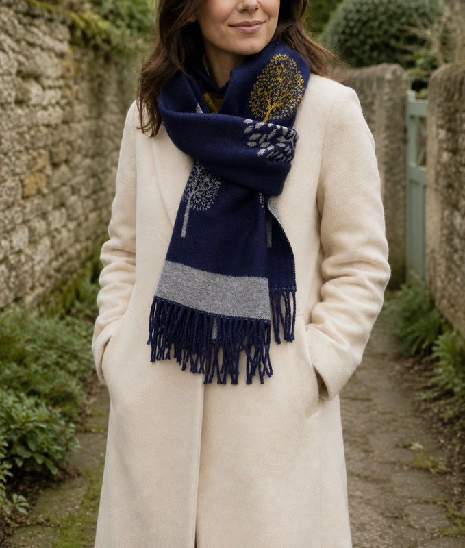 Reversible Navy And Mustard Tree Of Life Scarf Reversible Navy And Mustard Tree Of Life Scarf