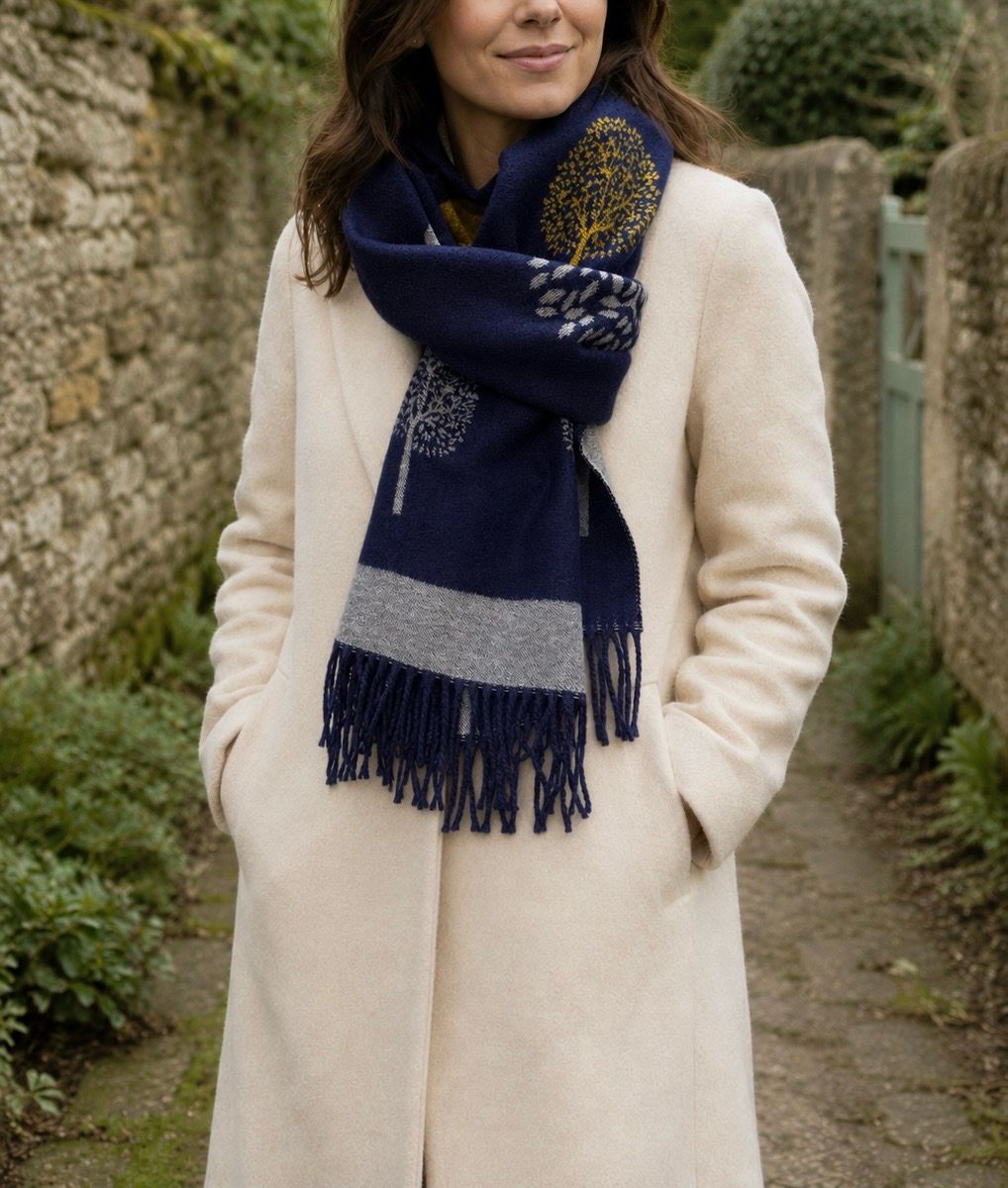 Reversible Navy And Mustard Tree Of Life Scarf Reversible Navy And Mustard Tree Of Life Scarf