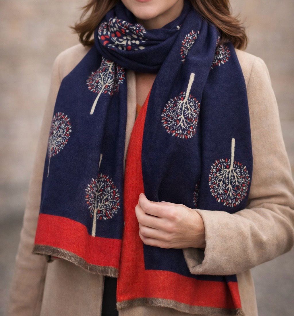 NEW! Medium Weight Tree Of Life Scarf - Navy With Red Border