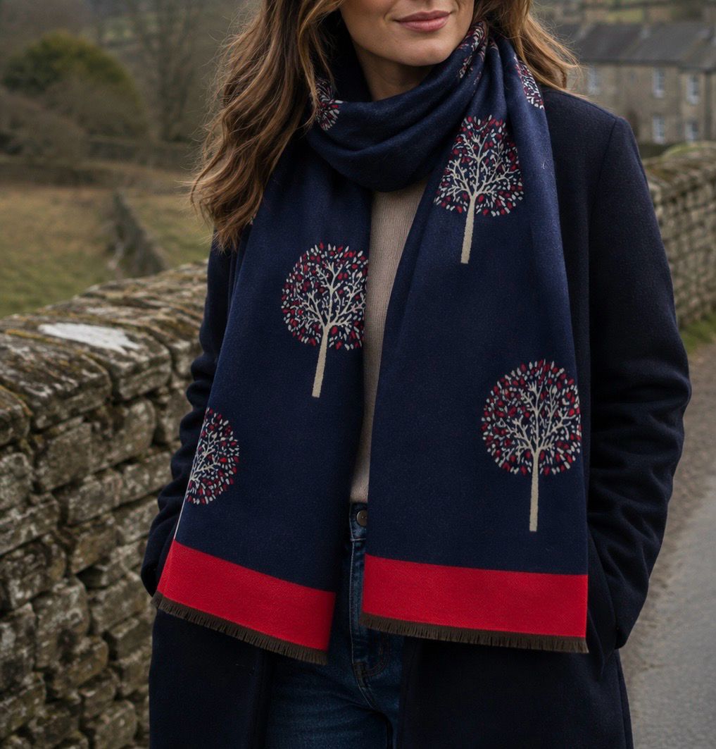 Medium Weight Tree Of Life Scarf - Navy With Red Border Medium Weight Tree Of Life Scarf - Navy With Red Border