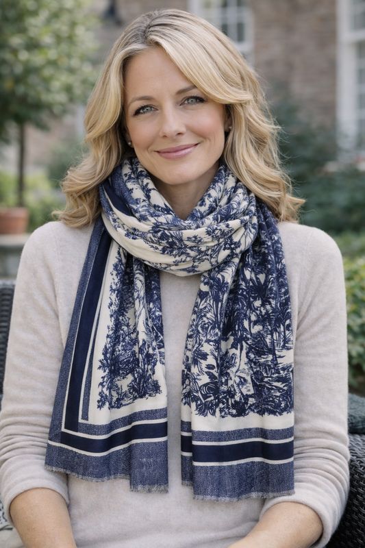 New! Luxury Printed Lightweight Scarf - Navy