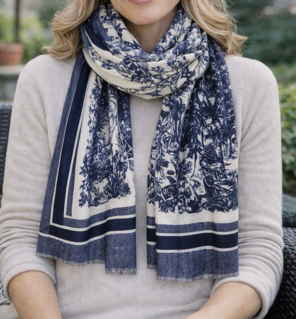 New! Luxury Printed Lightweight Scarf - Navy New! Luxury Printed Lightweight Scarf - Navy