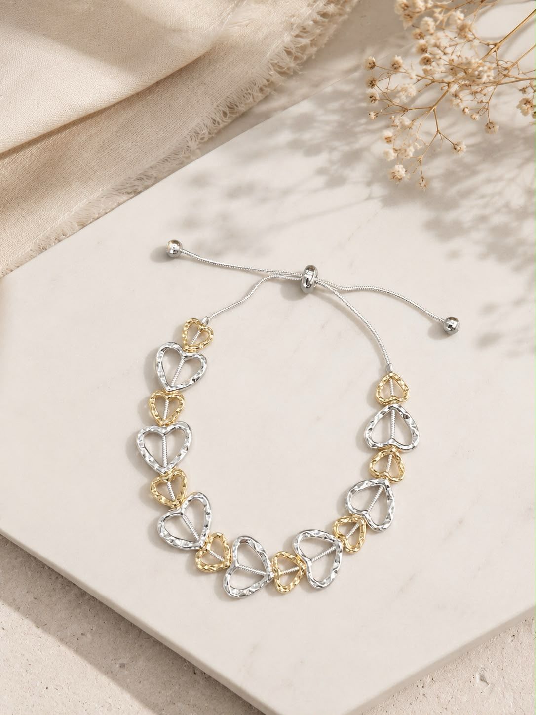 Silver And Gold Adjustable Heart Bracelet