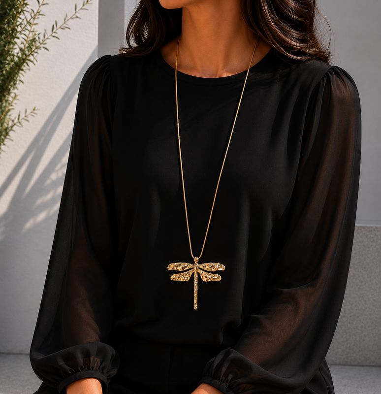 Long Gold Dragonfly Pendant