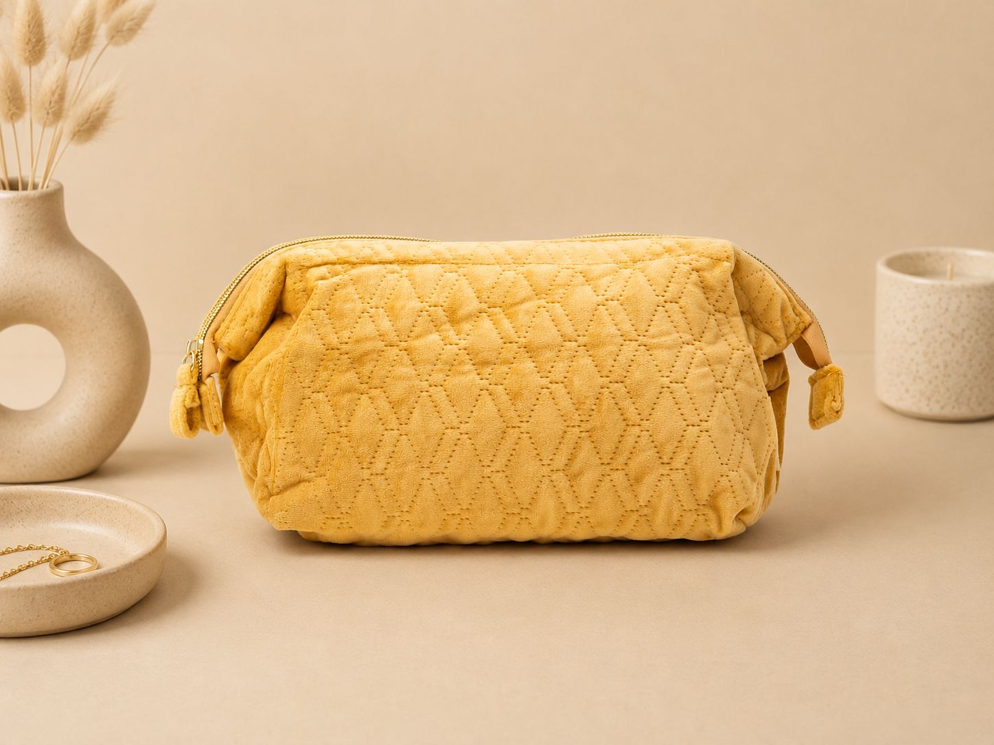Mustard Quilted Cosmetic Bag - Large Mustard Quilted Cosmetic Bag - Large