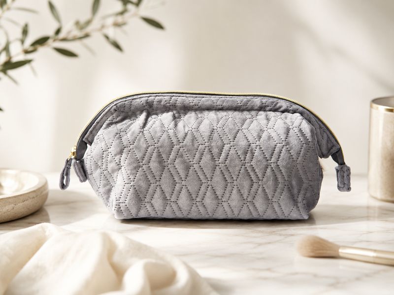 Grey Quilted Cosmetic Bag - Large Grey Quilted Cosmetic Bag - Large