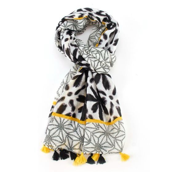 New! Black White And Yellow Tassel Scarf New! Black White And Yellow Tassel Scarf