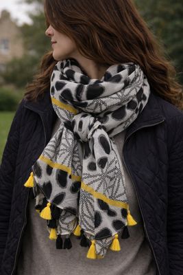 New! Black White And Yellow Tassel Scarf