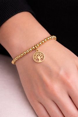 Stainless Steel Gold Plated Tree Of Life Elasticated Bracelet