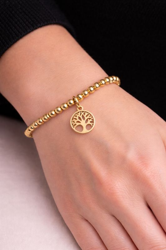 Stainless Steel Gold Plated Tree Of Life Elasticated Bracelet