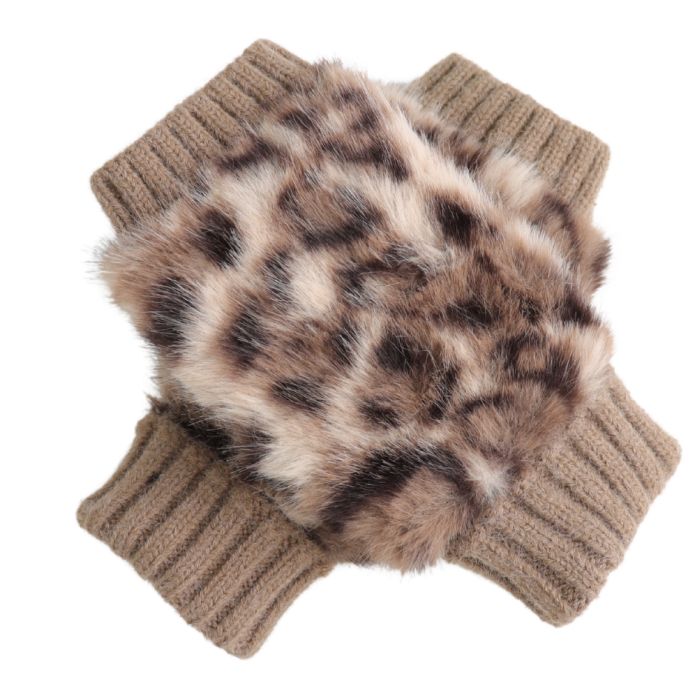 Fingerless Faux Fur Leopard Gloves - Mushroom