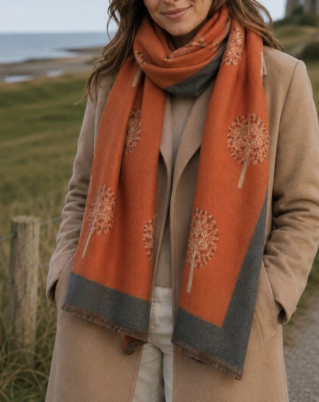Medium Weight Tree Of Life Scarf - Orange With Grey Border Medium Weight Tree Of Life Scarf - Orange With Grey Border