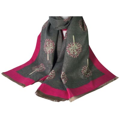 Medium Weight Tree Of Life Scarf - Grey With Fuchsia Border Medium Weight Tree Of Life Scarf - Grey With Fuchsia Border