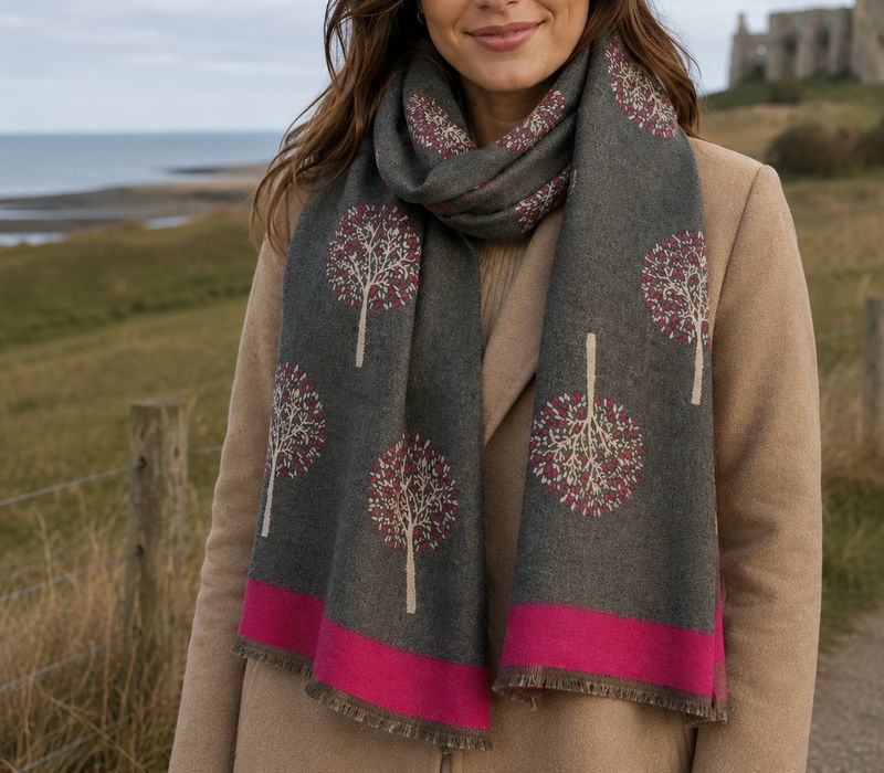 Medium Weight Tree Of Life Scarf - Grey With Fuchsia Border Medium Weight Tree Of Life Scarf - Grey With Fuchsia Border