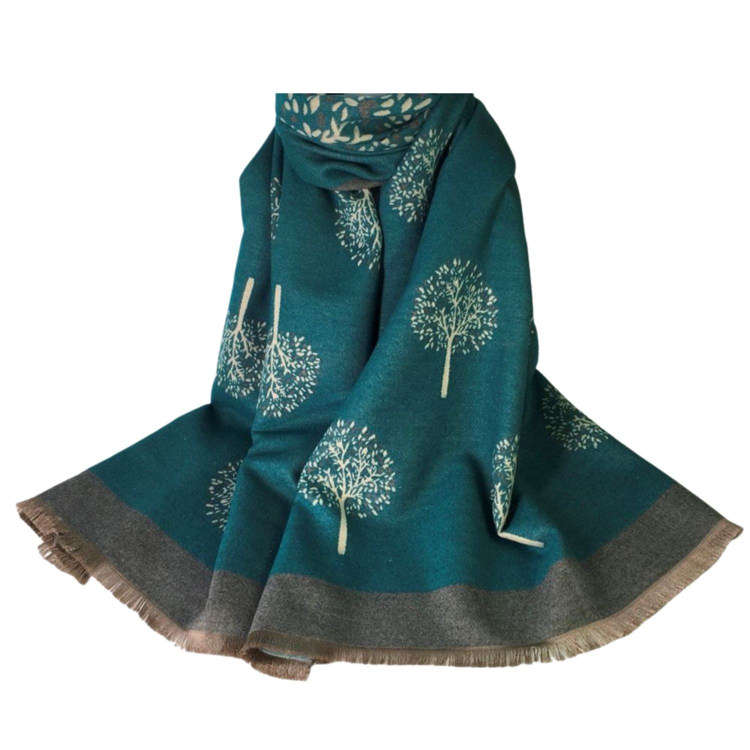Medium Weight Tree Of Life Scarf - Teal With Grey Border
