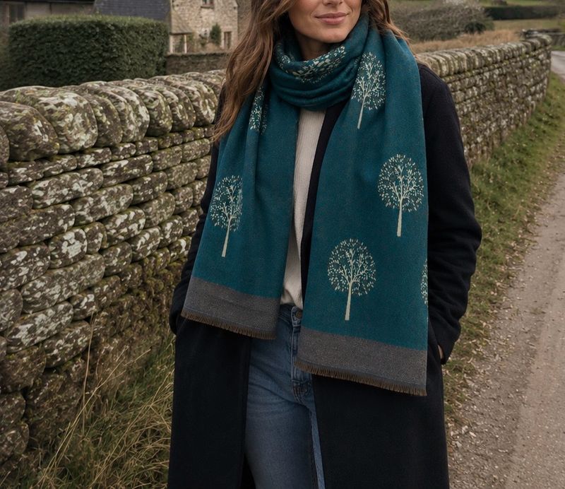Medium Weight Tree Of Life Scarf - Teal With Grey Border Medium Weight Tree Of Life Scarf - Teal With Grey Border