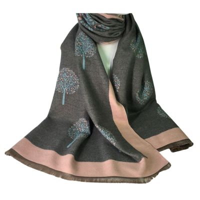 Medium Weight Tree Of Life Scarf - Grey With Pink Border Medium Weight Tree Of Life Scarf - Grey With Pink Border