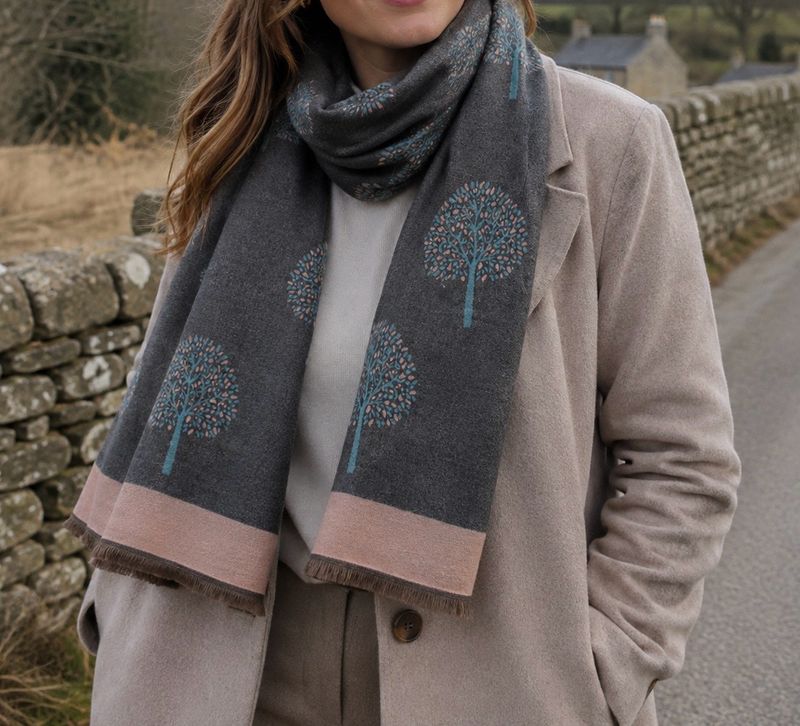 Medium Weight Tree Of Life Scarf - Grey With Pink Border Medium Weight Tree Of Life Scarf - Grey With Pink Border