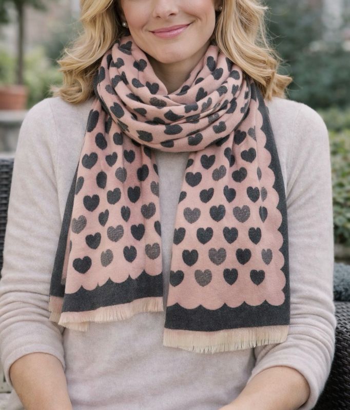 SPECIAL OFFER - Medium Weight Pink And Grey Heart Scarf