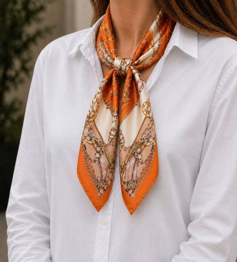 Lightweight Square Scarf - Contemporary Orange Chain Design