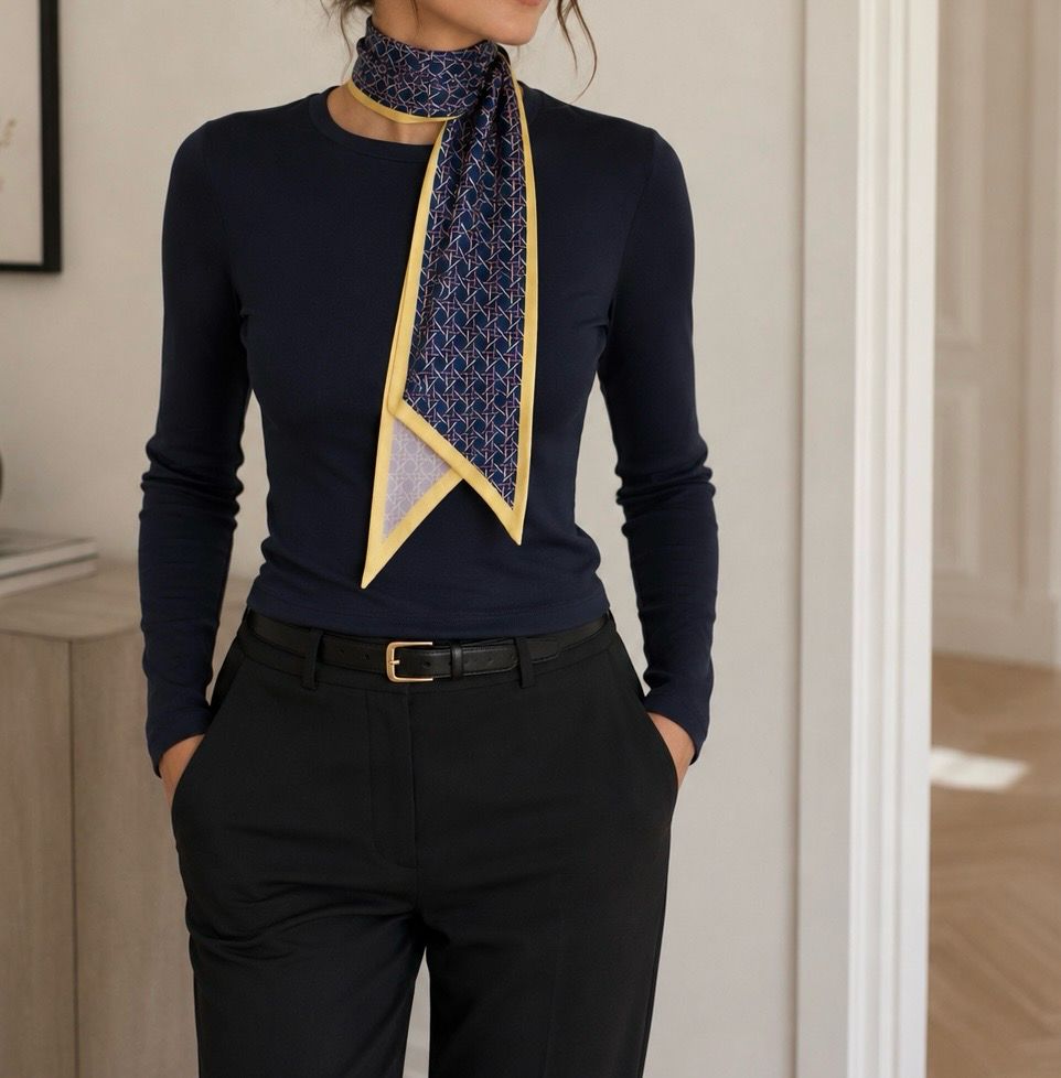 Lightweight Skinny Scarf - Geo Navy & Yellow Border Scarf Lightweight Skinny Scarf - Geo Navy & Yellow Border Scarf