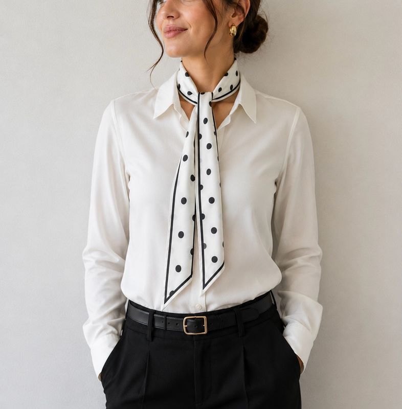 Lightweight Skinny Scarf - Off White & Black Spot Lightweight Skinny Scarf - Off White & Black Spot