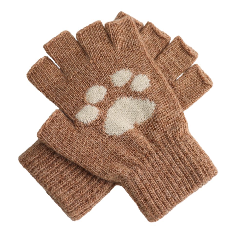 Paw Print Wool Mix Fingerless Gloves - Beige