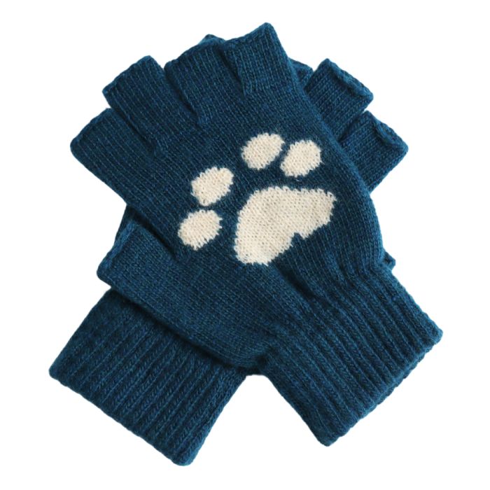 Paw Print Wool Mix Fingerless Gloves - Teal Paw Print Wool Mix Fingerless Gloves - Teal