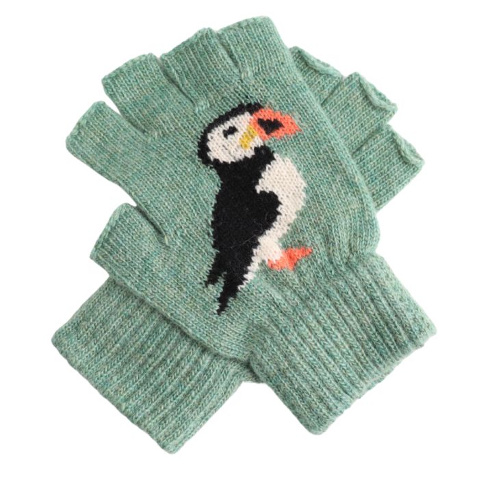 Puffin Wool Mix Fingerless Gloves - Green