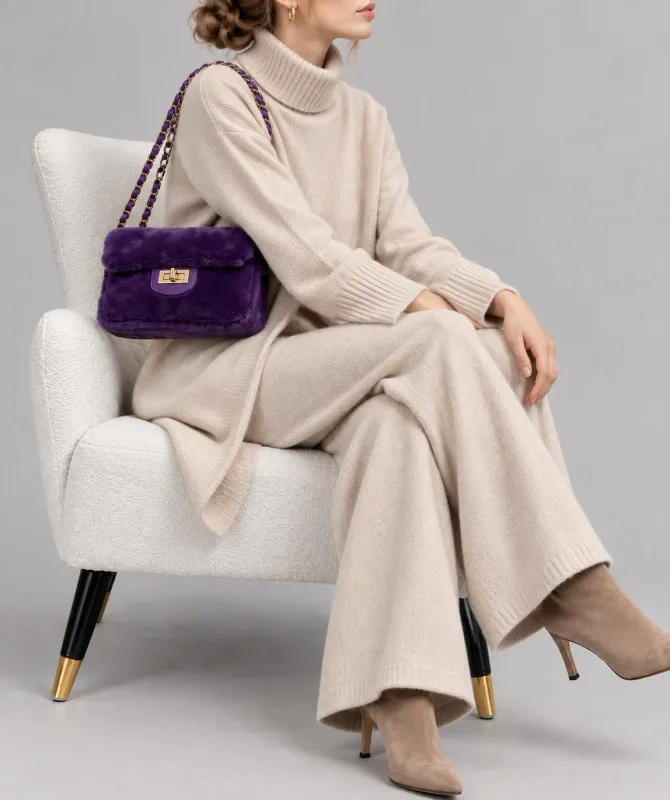 Faux Fur Leather Trim Bag - Purple Faux Fur Leather Trim Bag - Purple