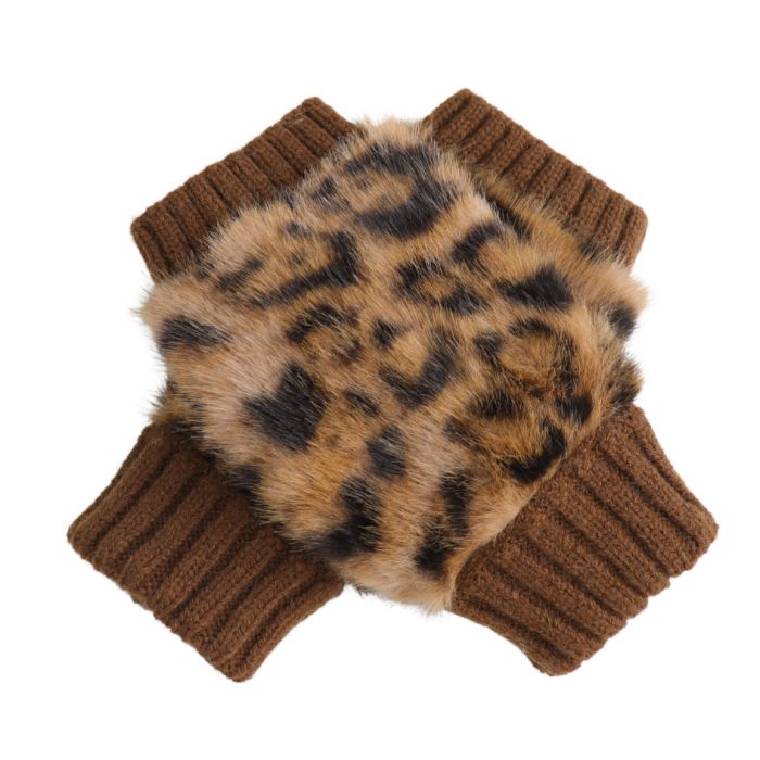 Fingerless Faux Fur Leopard Gloves - Brown