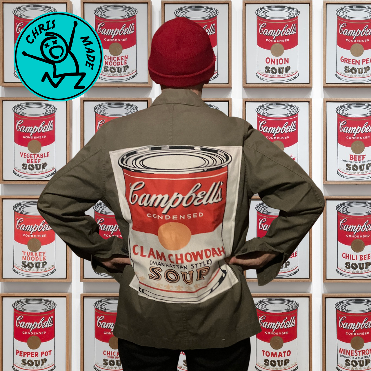 Veste kaki Andy Warhol Campbell&#39;s soup Upcycling