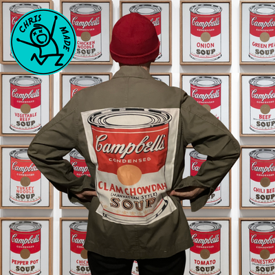 Veste kaki Andy Warhol Campbell&#39;s soup Upcycling
