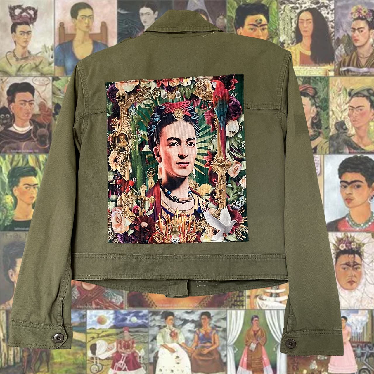 Blouson kaki Frida Kahlo : L&#39;art et la force au quotidien