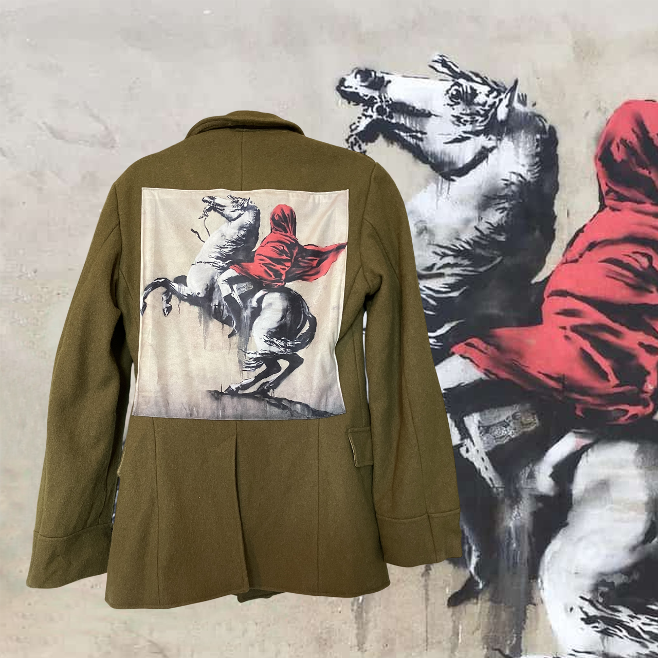Veste Banksy : Le cavalier rouge, l’histoire revisitée