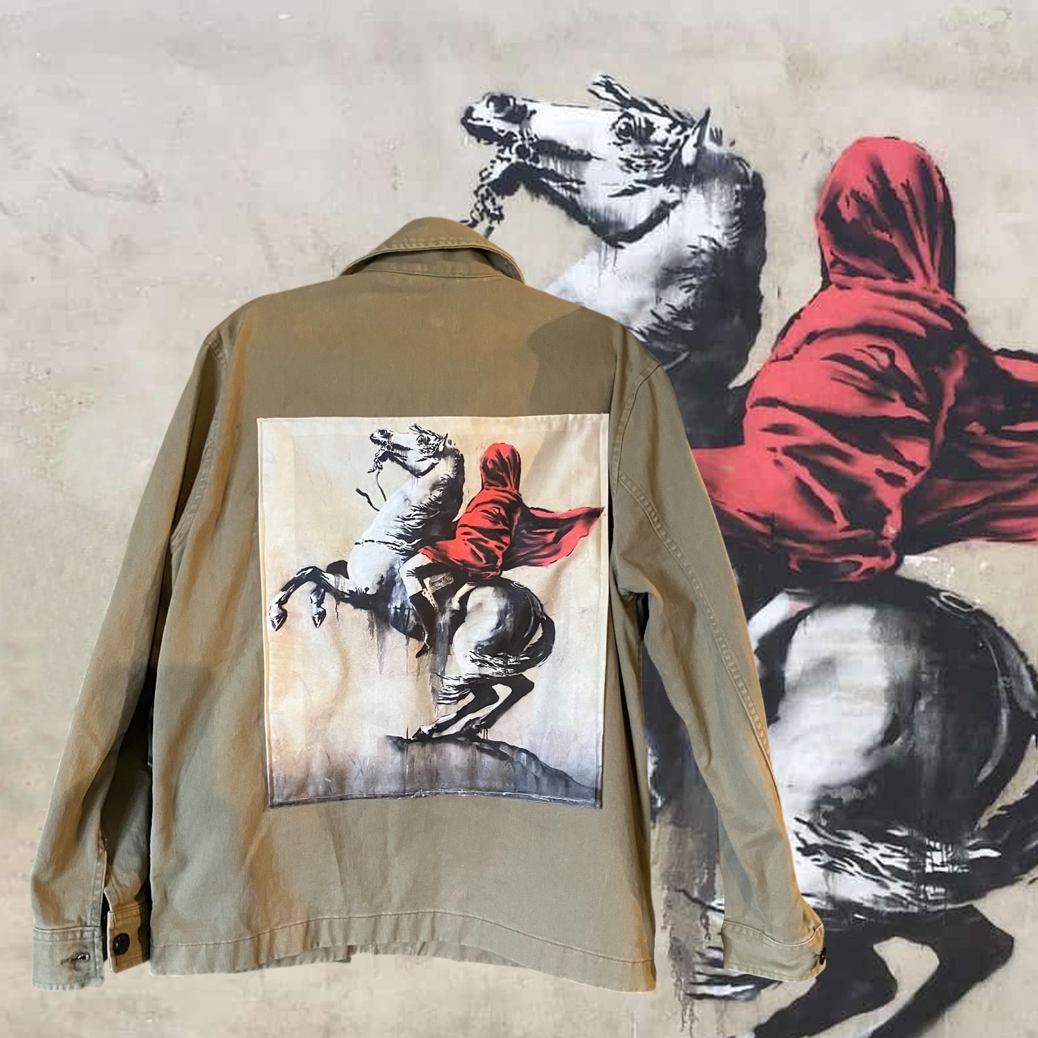 Veste Banksy : Le cavalier rouge, l’histoire revisitée