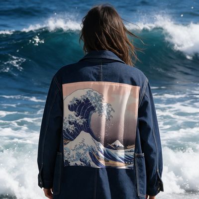 Veste en jean Hokusai: L'art de la Grande Vague