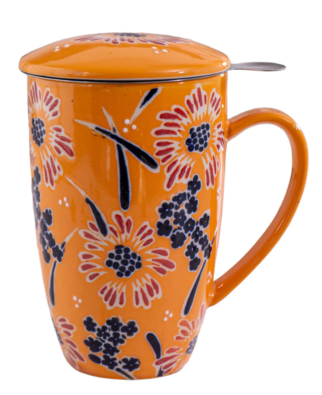 Orange Flower Design 15oz Tea Mugs with Lid and Infuser for Loose Leaf Tea