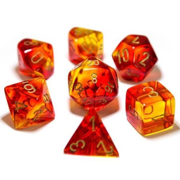 RPG Dice Set (7): Gemini Translucent Red-Yellow with Gold