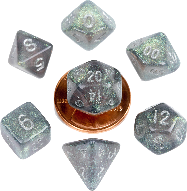 10mm Mini Dice Acrylic Polyhedral Set - Stardust Gray with Silver Numbers