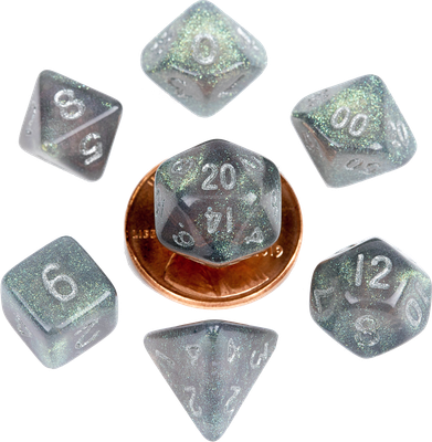10mm Mini Dice Acrylic Polyhedral Set - Stardust Gray with Silver Numbers